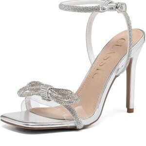 Women's Silver Crystal Sandals Open Toe Square Heels Wedding Party Shoes